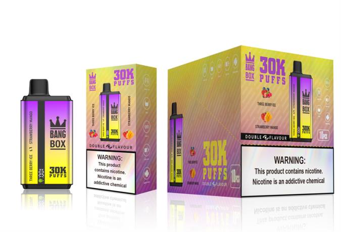 Vape Recargable 82B667 Bang Box 30000 inhalaciones de dos sabores. helado de tres bayas y mango de fresa
